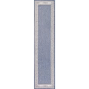 Lucia Classic Diamond Border Blue/Cream 2 ft. x 8 ft. Indoor/Outdoor Area Rug