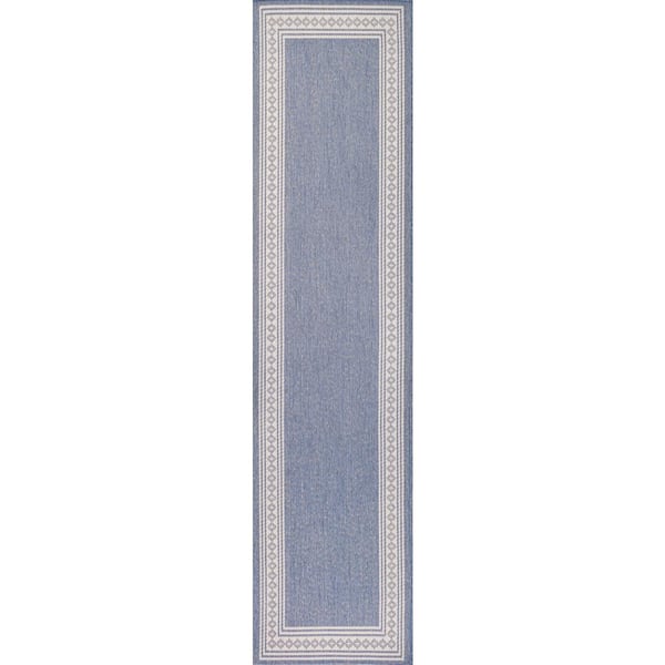 Lucia Classic Diamond Border Blue/Cream 2 ft. x 8 ft. Indoor/Outdoor Runner Rug