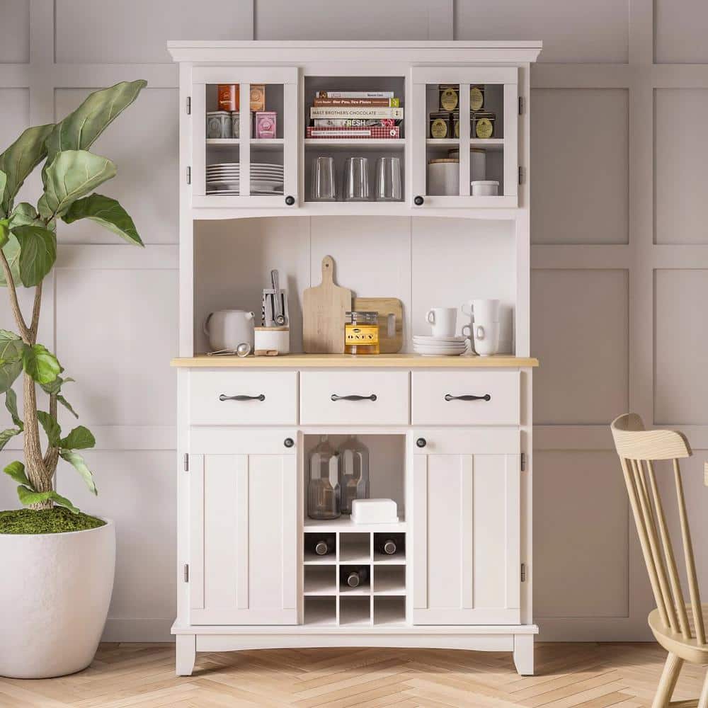 Off White China Cabinet with Natural Wood Top
