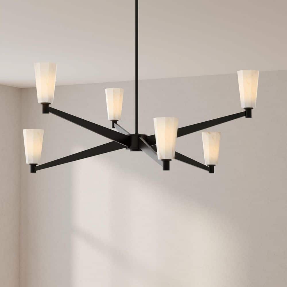 Matte Black Steel 6-Light Chandelier with Faux Alabaster Shades
