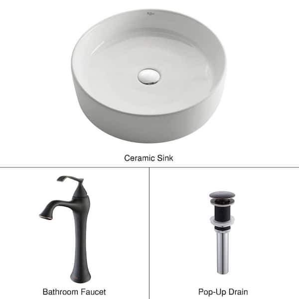 KRAUS Round Ceramic Vessel Sink in White with Ventus Faucet in Oil Rubbed Bronze