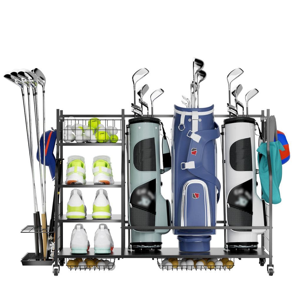 Uforic Golf Storage Cabinet with Wooden Organizer Rack and Golf Bag Stand - Matte Black