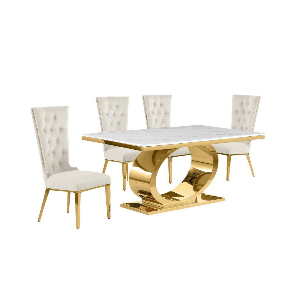 Ibraim 5-Piece Rectangle White Marble Top Gold Stainless Steel Base Dining Set 4 Cream Velvet Fabric Chair price history on PriceWatchPro