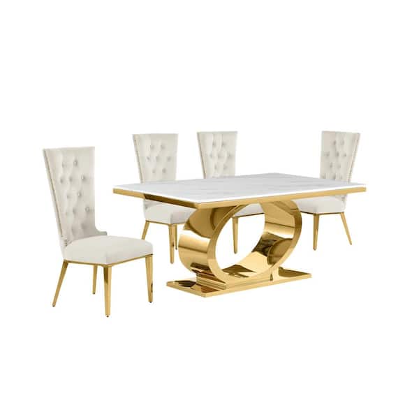 Best Quality Furniture Ibraim 5-Piece Rectangle White Marble Top Gold Stainless Steel Base Dining Set 4 Cream Velvet Fabric Chair