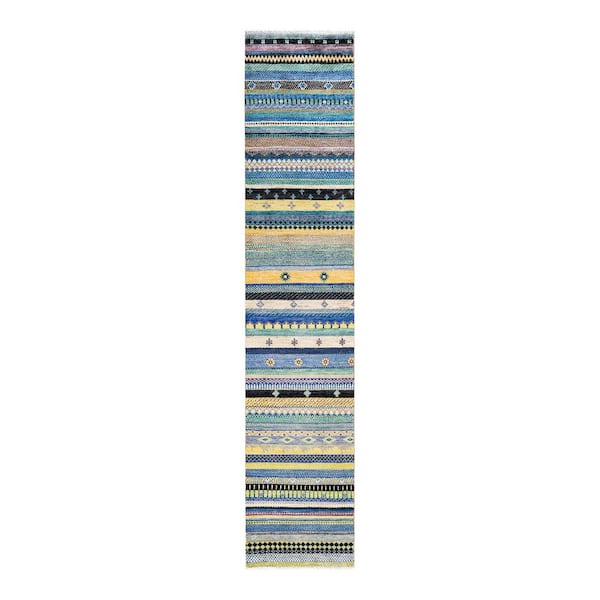 Solo Rugs Eclectic One-of-a-Kind Contemporary Light Blue 2 ft. 0 in. x 10 ft. 2 in. Striped Area Rug
