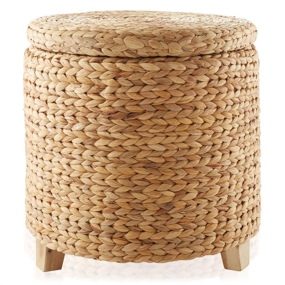 Natural Handwoven Water Hyacinth Round Storage Ottoman