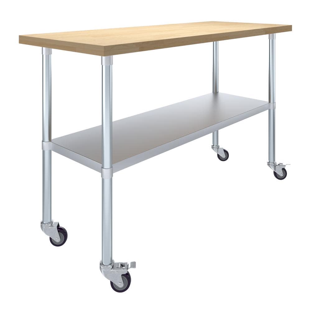 AMGOOD Maple Wood Top 24 in. x 60 in. Kitchen Prep Table with Casters