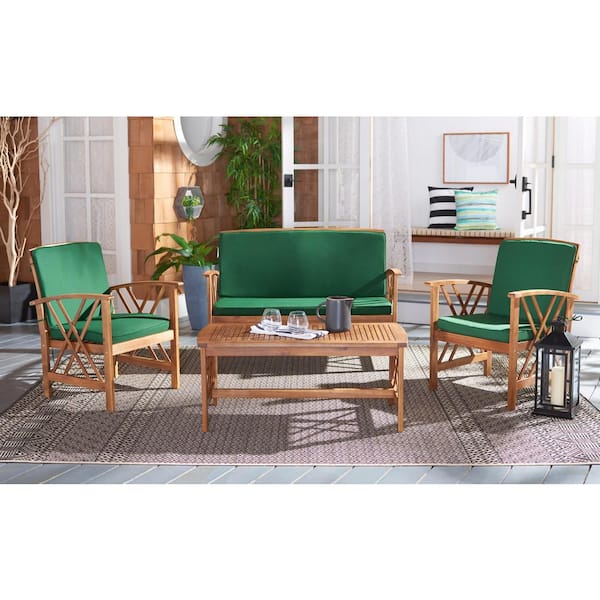 Fontana Natural 4-Piece Wood Patio Conversation Set with Green Cushions