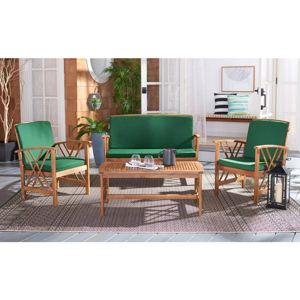 Fontana Natural Acacia Wood 4-Piece Patio Set with Green Cushions
