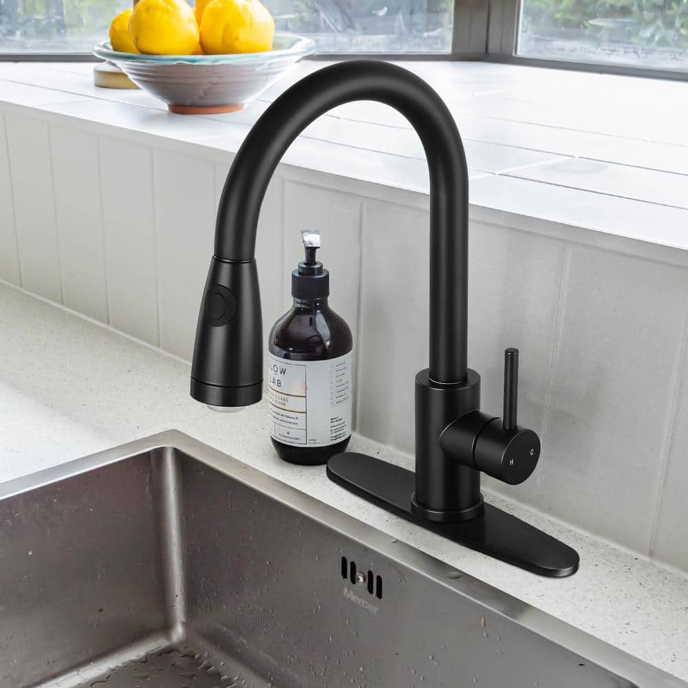 Matte Black High-Arc Single Handle Kitchen Faucet with Pull-out Spray