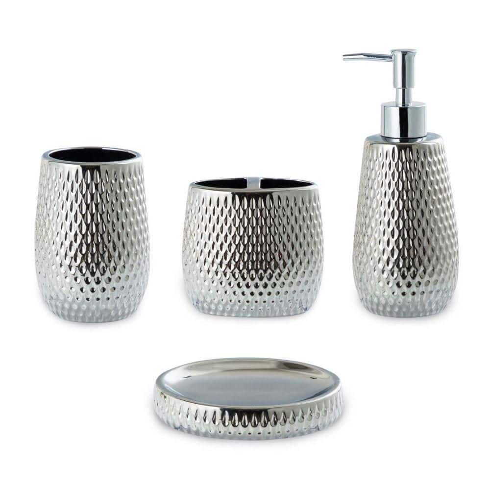 whole housewares bathroom accessories set, 4-piece glass mosaic bath  accessory completes with lotion dispenser/soap pump, cotton jar, vanity  tray, toothbrush holder (silver) 