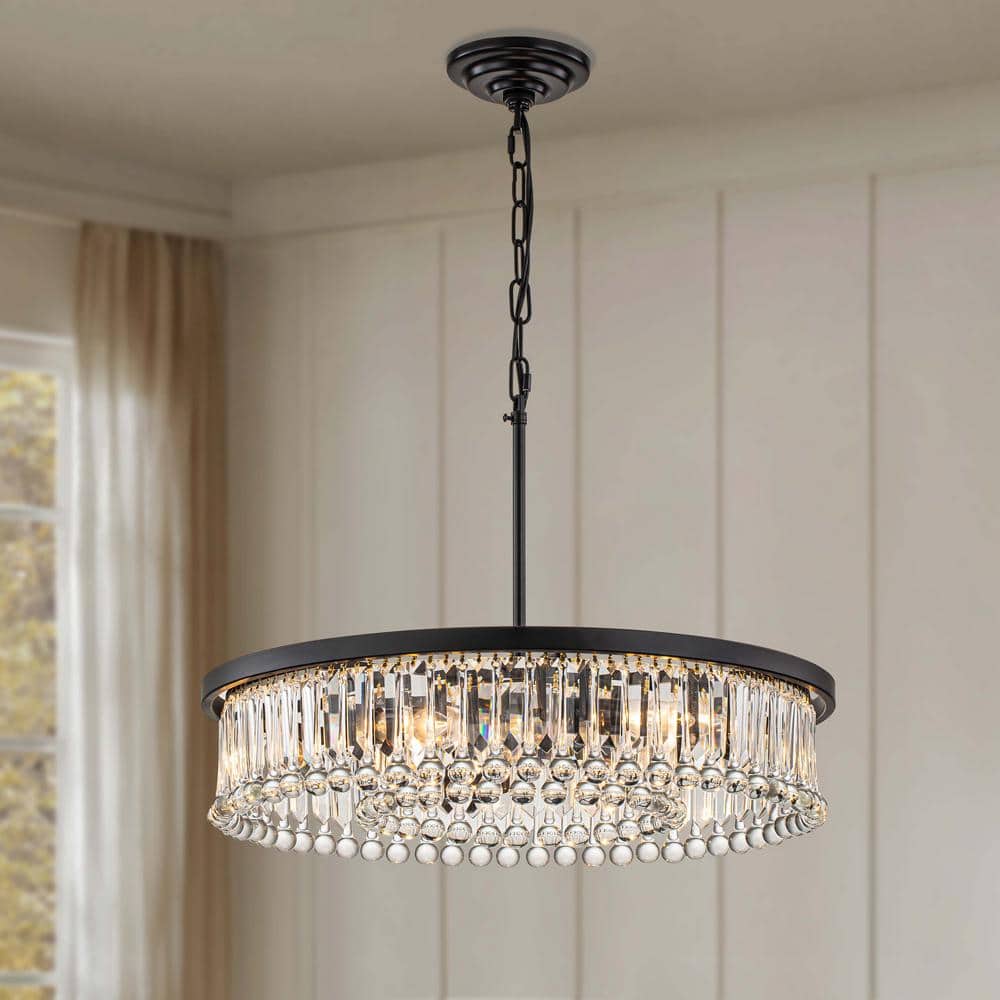 6-Lights Matte Black Modern/Contemporary Wagon Wheel Crystal Hanging Pendan