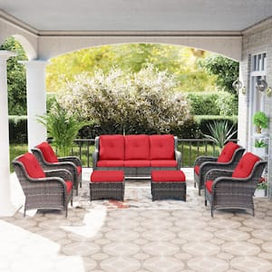 Brown 7-Piece Wicker Outdoor Patio Conversation Sofa Set with Red Cushion
