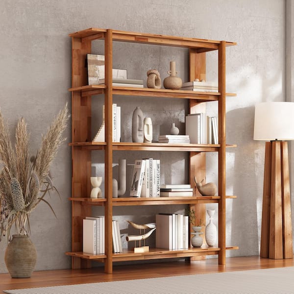 Olga 70.2 in. Tall Teak Finish Wood 4-Shelf Big Standard Bookcase, Modern Display Bookshelf with Open Back, Storage