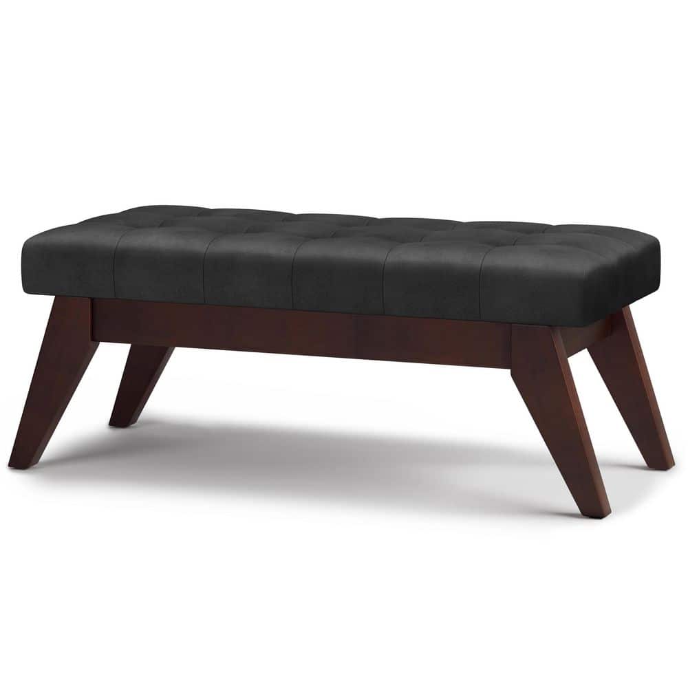 Distressed Black Faux Leather Tufted Ottoman Bench