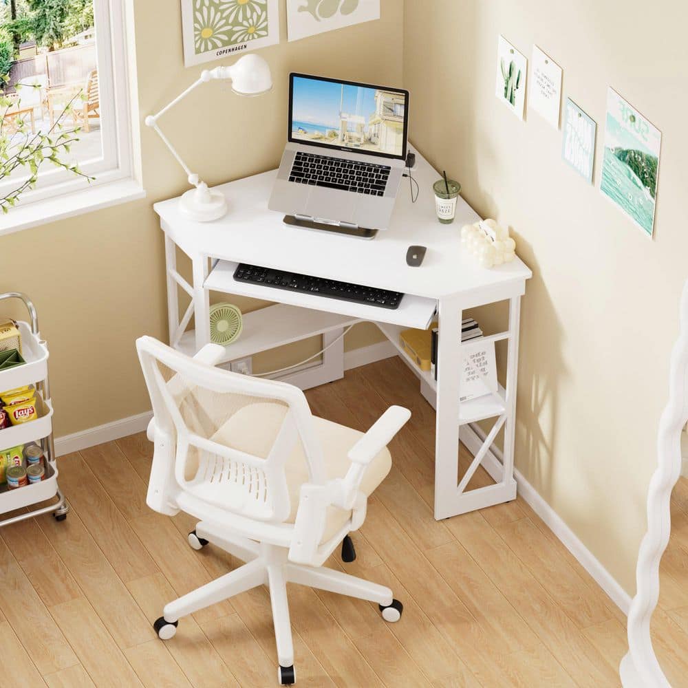 41 in. Triangle Corner Desk and Chair Set with Outlets and USB, Keyboard Tray, Office Chair with Flip-Up Armrest, White