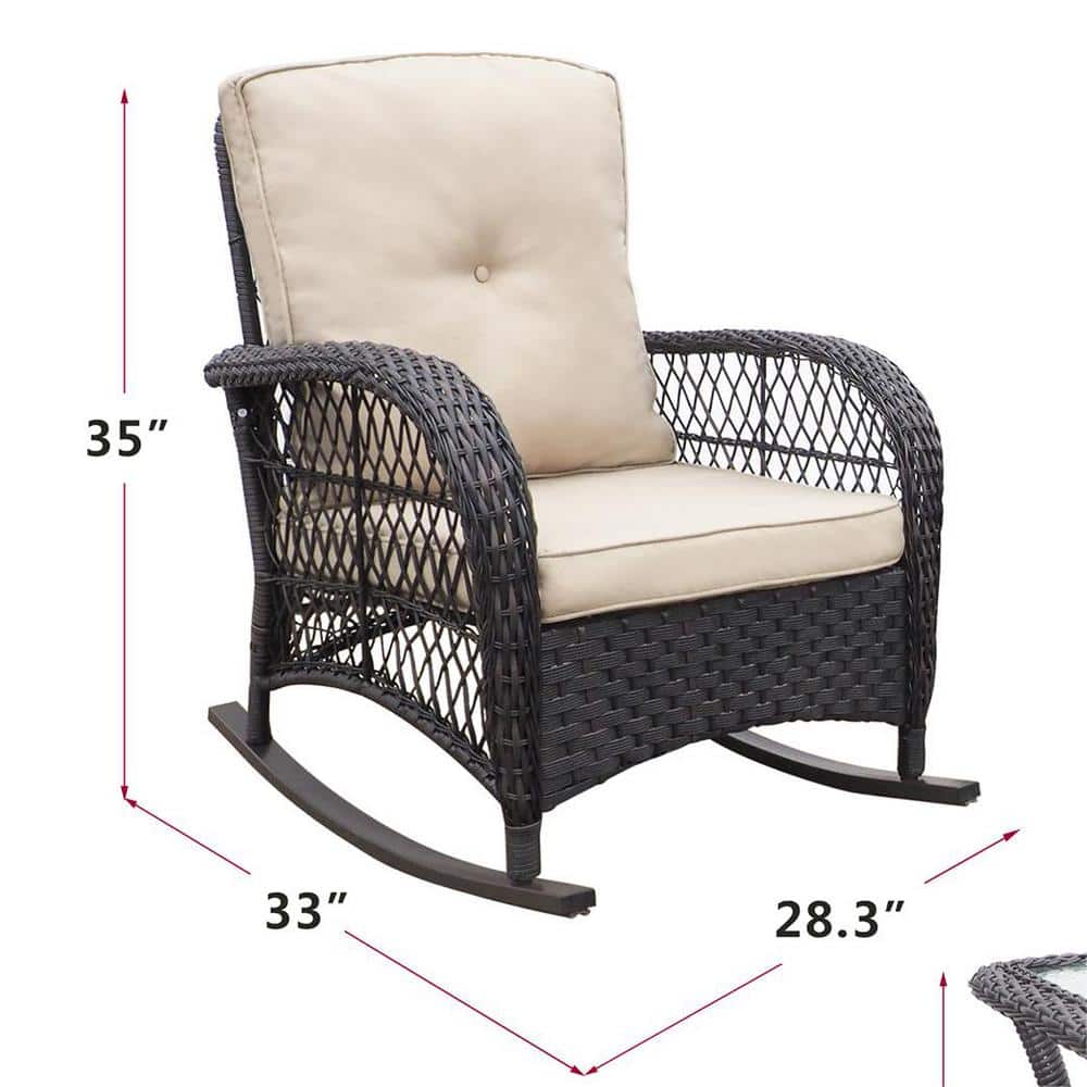 Beige Cushioned Wicker Rocking Armchair with Brown Frame