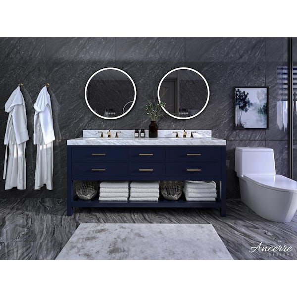 Ancerre Designs Elizabeth 72 in. W x 22 in. D Bath Vanity in Heritage Blue w/ White Marble Vanity Top w/ White Basin and Gold Hardware