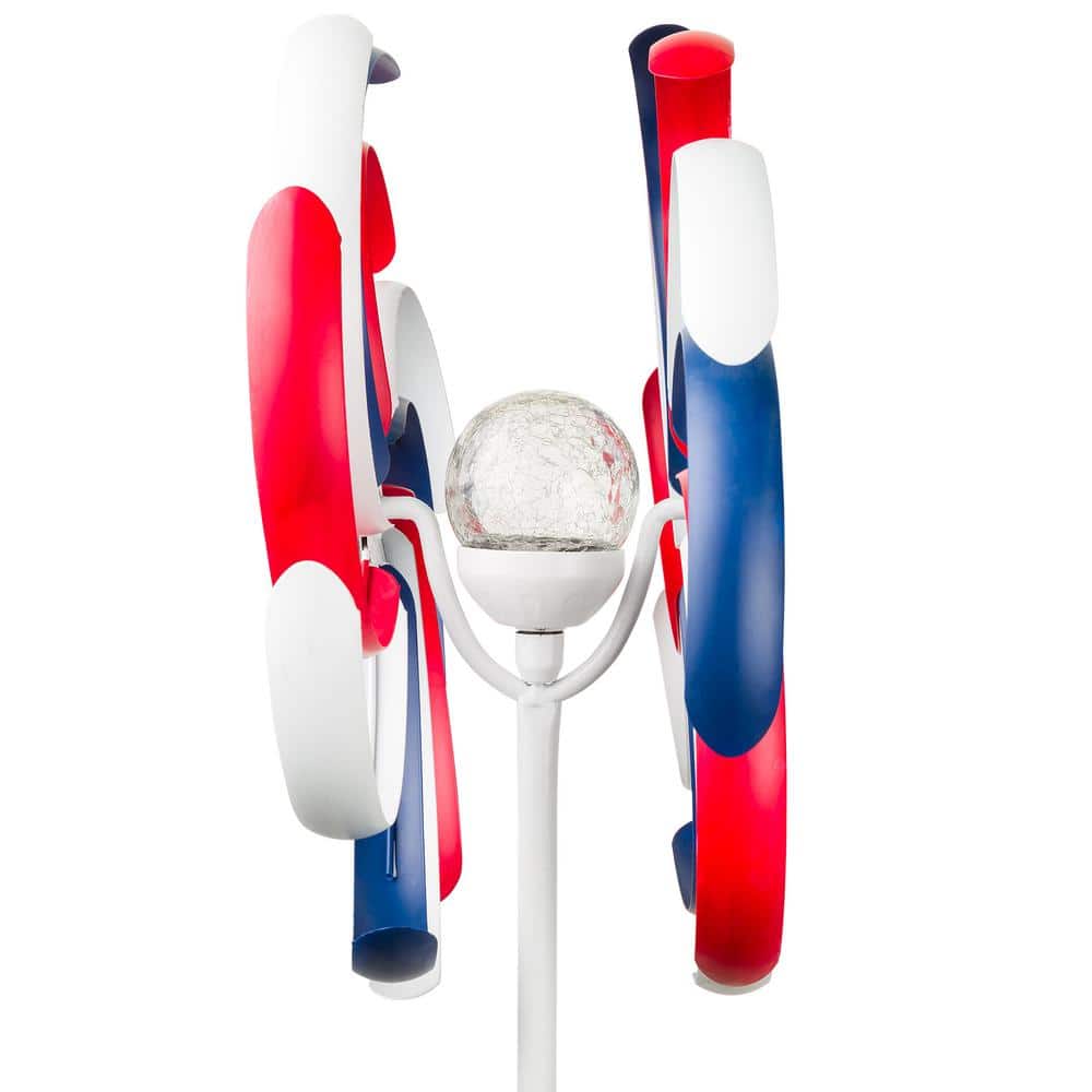 68" Tall Red, White, and Blue Iron Wind Spinner with Solar LED Light