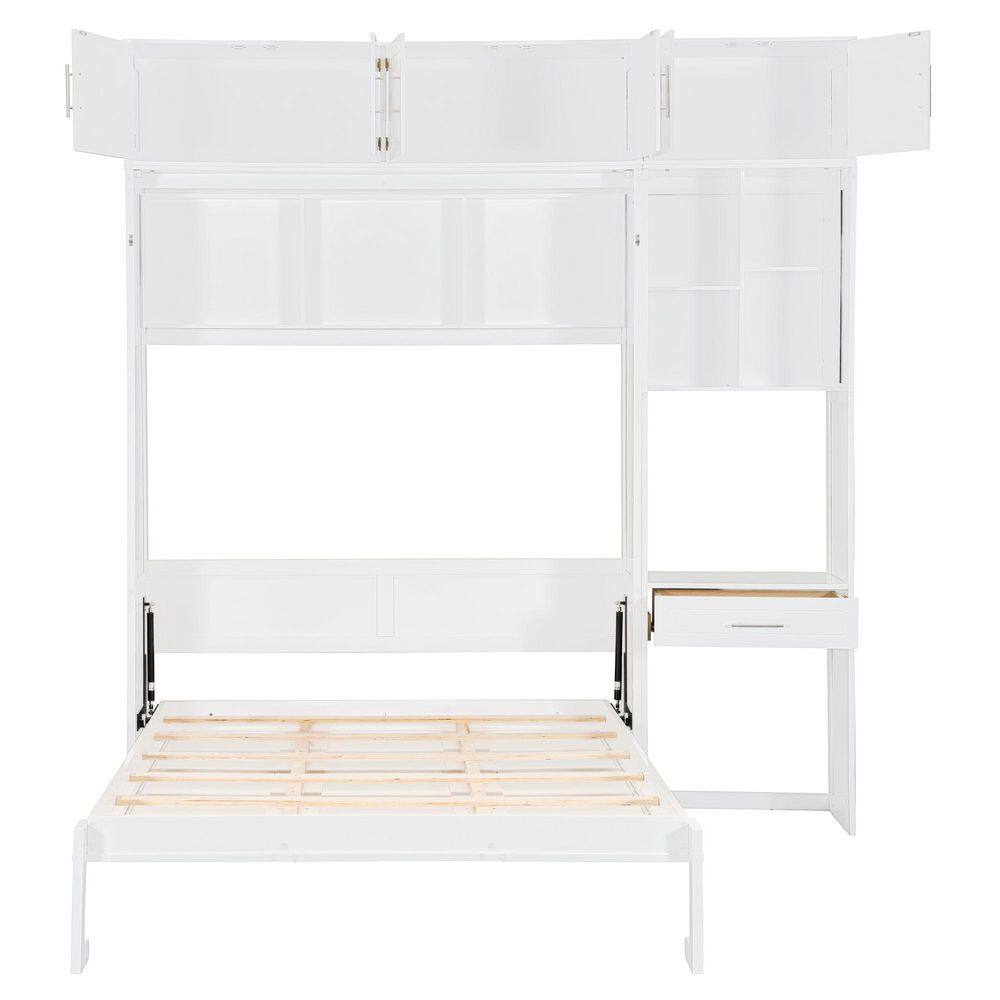 White wood Murphy bed unit with the bed frame lowered and cabinets open.