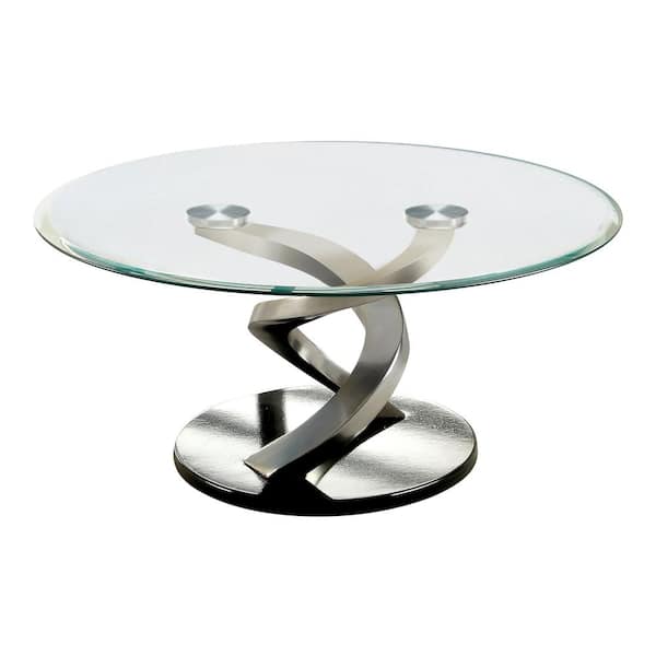 Newington 38 in. Satin Plated and Black Round Glass Top Coffee Table