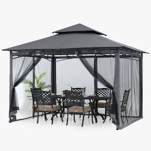 10 ft. x 12 ft. Gray Steel Outdoor Patio Gazebo with Vented Soft Roof Canopy and Netting