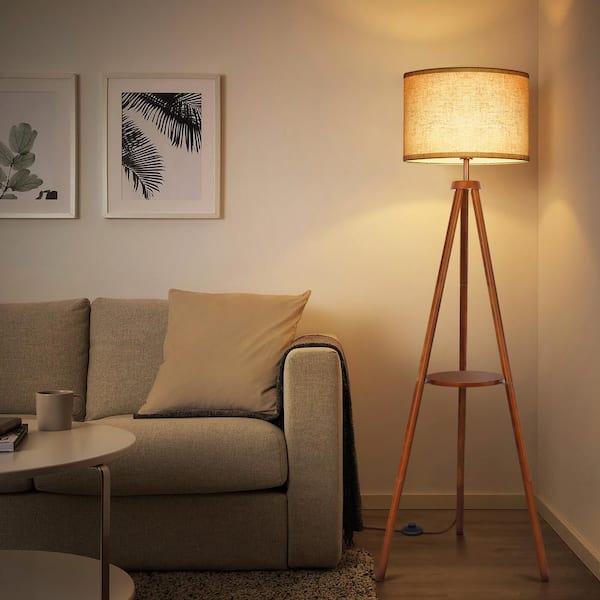63 in. Walnut Dimmable Oak Tripod Floor Lamp with Remote Control and Beige Linen Shade
