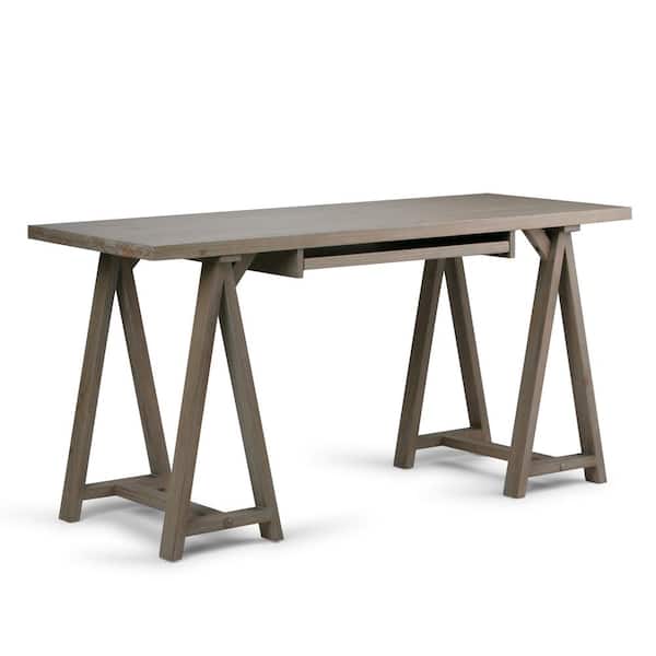 Simpli Home Sawhorse Solid Wood Modern Industrial 60 in. Wide Writing Office Desk in Distressed Grey