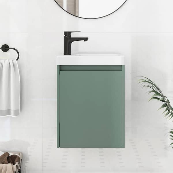 OLUMAT 16 in. W x 8.6 in. D x 21 in. H Single Sink Bath Vanity in Green with White Ceramic Top