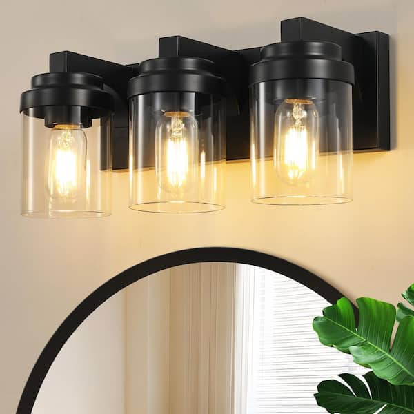 16 in. 3-Light Matte Black Farmhouse Bathroom Vanity Light with Clear Glass Shade