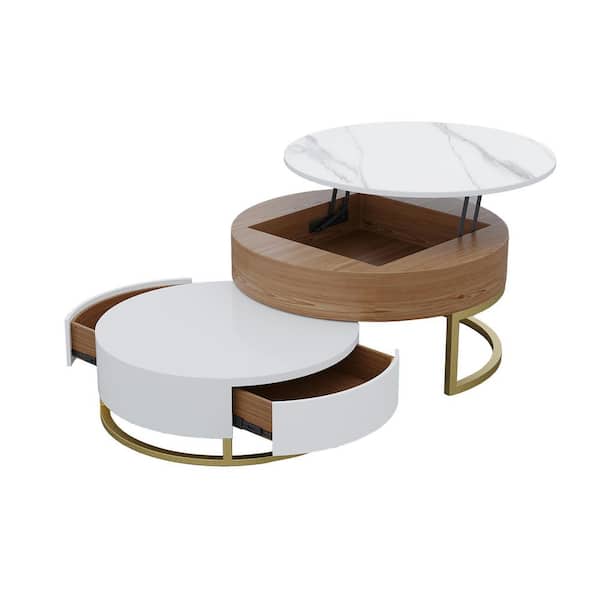 J&E Home 59 .06 in. White and Brown Round Lift Top Wood Coffee Table with Rotatable Drawers and Storage