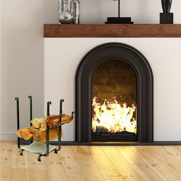Handcrafted Rectangle Firewood Rack with Newspaper Holder Hammered Steel
