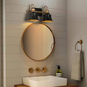 Modern Farmhouse Bathroom Vanity Light, 2-Light Black and Gold Wall Sconce with Metal Shades