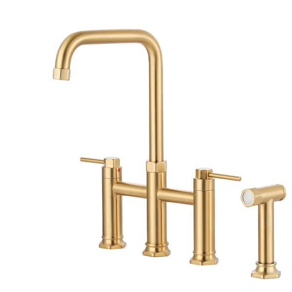 Elegant Brass Double Handle Bridge Kitchen Faucet with Side Sprayer, 59 in. Hose, and Supply Lines in Gold