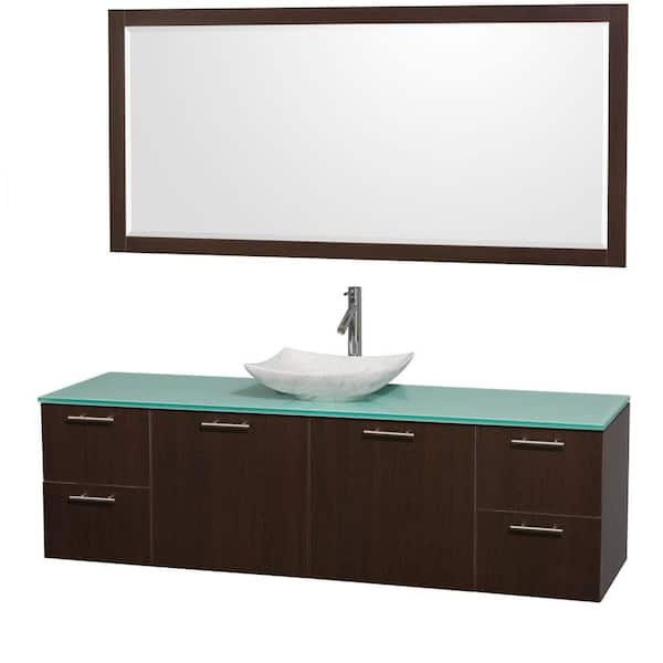 Wyndham Collection Amare 72 in. Vanity in Espresso with Glass Vanity Top in Green, Marble Sink and 70 in. Mirror