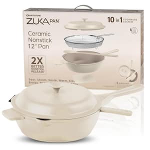 Zuka Everyday Pan 4.25 qt. Ceramic 10 in 1 Nonstick Multi-Functional Saute Pan with Lid, Nylon Spoon, & Steamer Basket