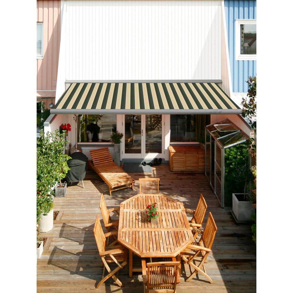 13 ft. Forest Green and Cream Striped Motorized Patio Awning with Gray Aluminum Frame