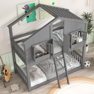 Twin over Twin House Bunk Bed with Roof, Window, Window Box, Door, with Safety Guardrails and Ladder, Grey