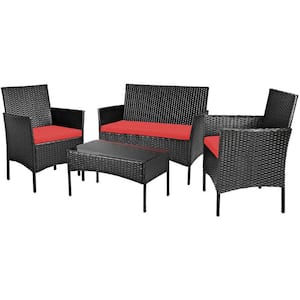 4-Piece Wicker PE Rattan Patio Conversation Set with Tempered Glass Coffee Table and Red Cushions