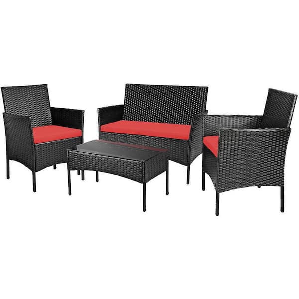 ANGELES HOME 4-Piece Wicker PE Rattan Patio Conversation Set with Tempered Glass Coffee Table and Red Cushions