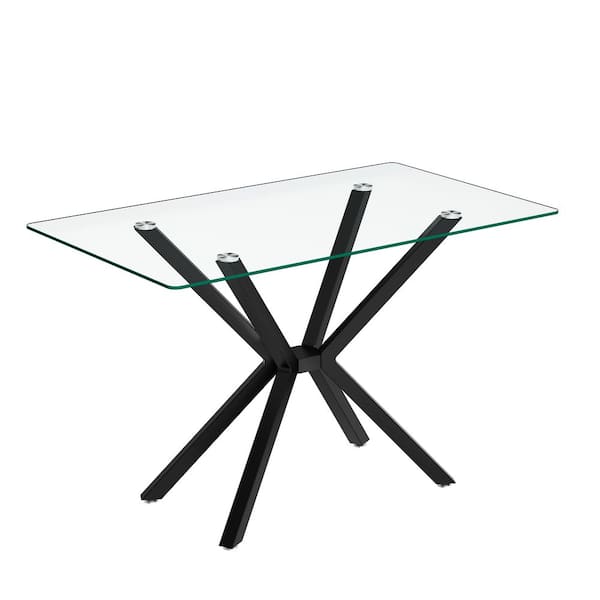 Modern Series Black/Clear Tempered Glass 47.24 in. W Adjustable Metal Cross Legs Dining Table Seating Capacity 4-6Person