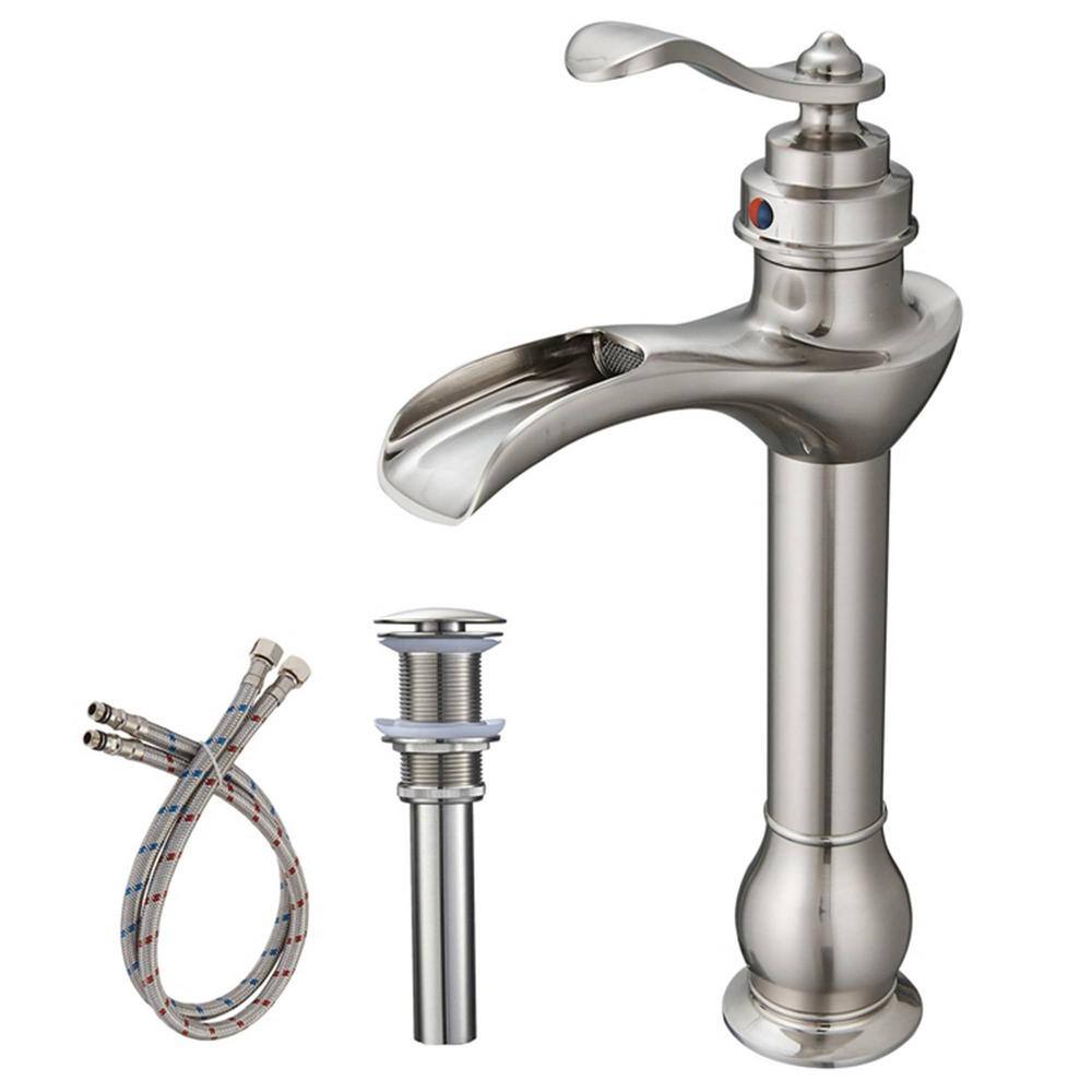 Single Handle Waterfall Bathroom Vessel Sink Faucet with Pop-Up Drain Singl