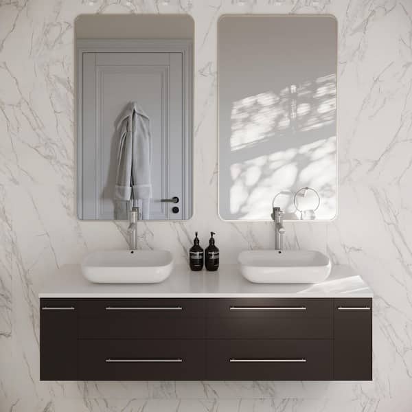 Lucera 60 in. Double Sink Wall Mount Floating Espresso Bath Vanity with White Quartz Top and Vessel Ceramic Sinks