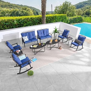 10-Piece Metal Patio Rocker Conversation Set with Blue Cushions