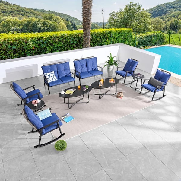 Patio Festival 10-Piece Metal Patio Rocker Conversation Set with Blue Cushions