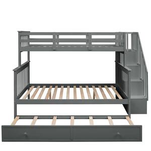 Twin-Over-Full Stairway Bunk Bed with Twin Sdize Trundle, Storage and Guard Rail, Solid Wood Bunk Beds Gray