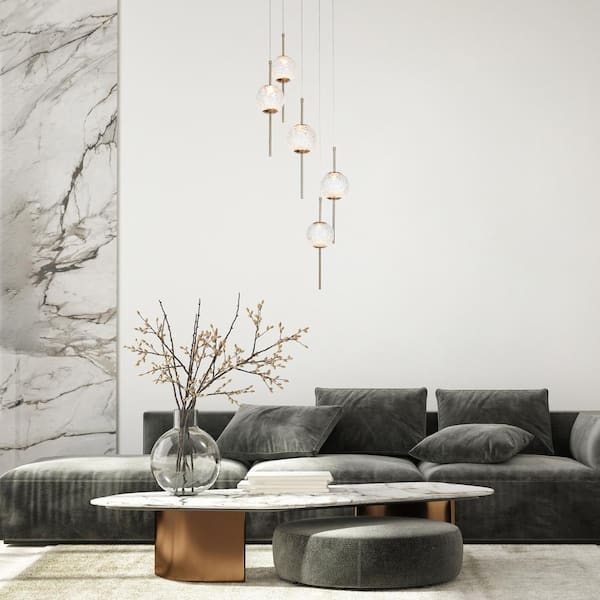 Cenlindes 5-Light Integrated LED Plating Brass Cluster Chandelier Textured Glass Globe Pendant for Entry Foyer Staircase
