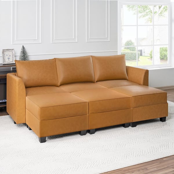 HOMESTOCK 87.01 in. Faux Leather 1-Piece Modern 3-Seater Upholstered Sectional Sofa Bed with 3-Ottoman, Living Room Set in Caramel
