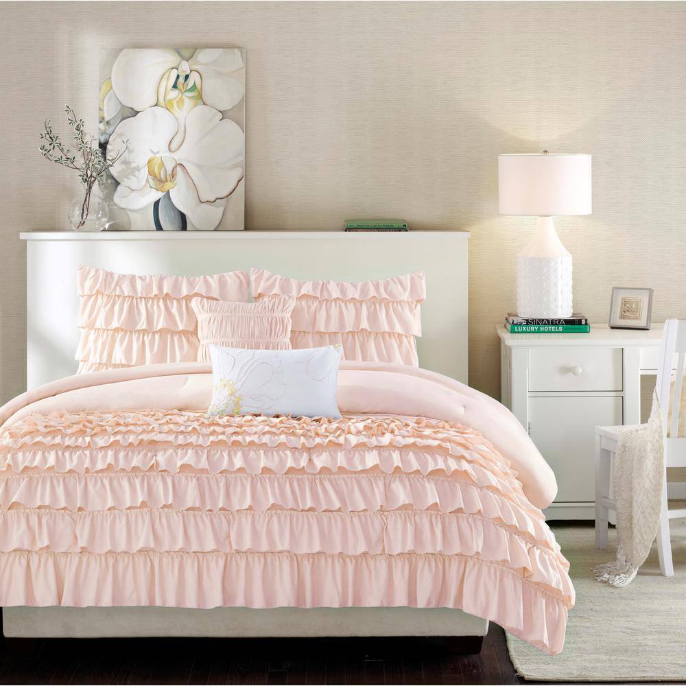 Blush Twin Reversible Microfiber Ruffled Comforter Set