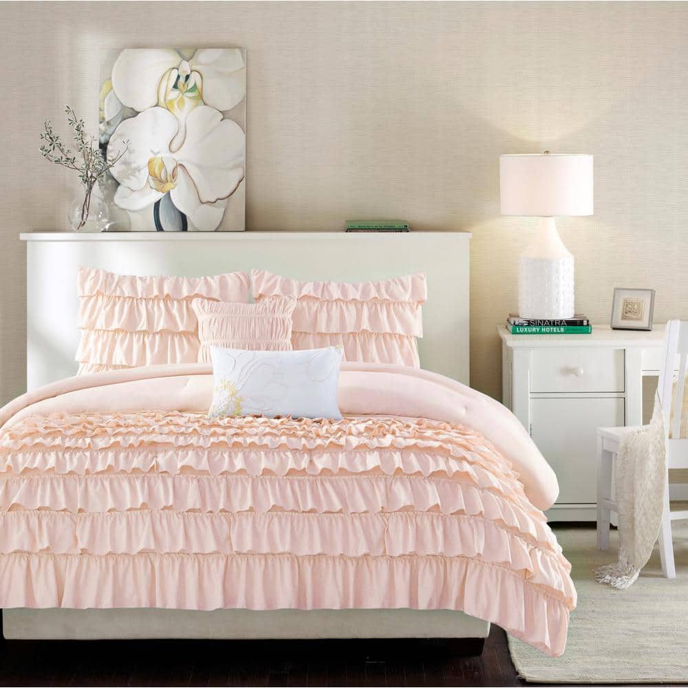 Blush Microfiber Ruffle Reversible Full Comforter Set